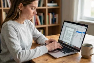 Femme supprimant des pages d'un PDF sur un ordinateur portable avec un logiciel gratuit