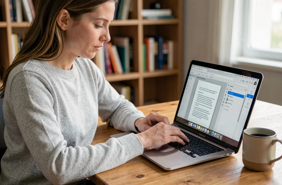 Femme supprimant des pages d'un PDF sur un ordinateur portable avec un logiciel gratuit