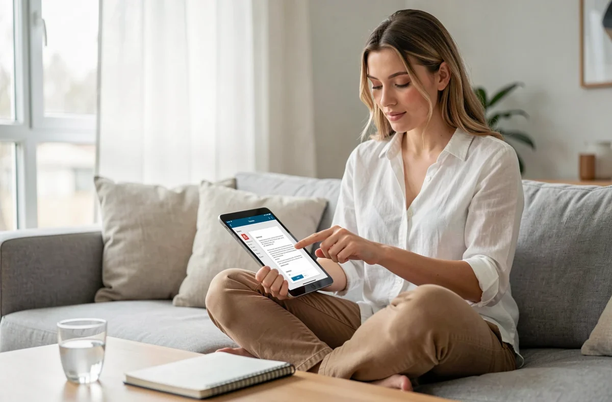 Jeune femme supprimant des pages d'un PDF gratuitement depuis une tablette dans un salon moderne