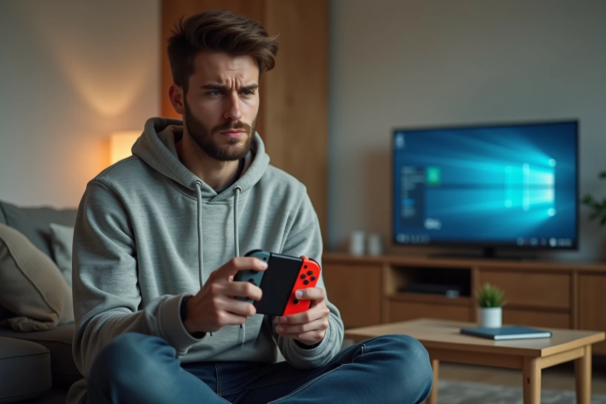Jeune homme synchronisant une manette Joy-Con Nintendo Switch en appuyant sur le bouton de synchronisation dans un salon moderne