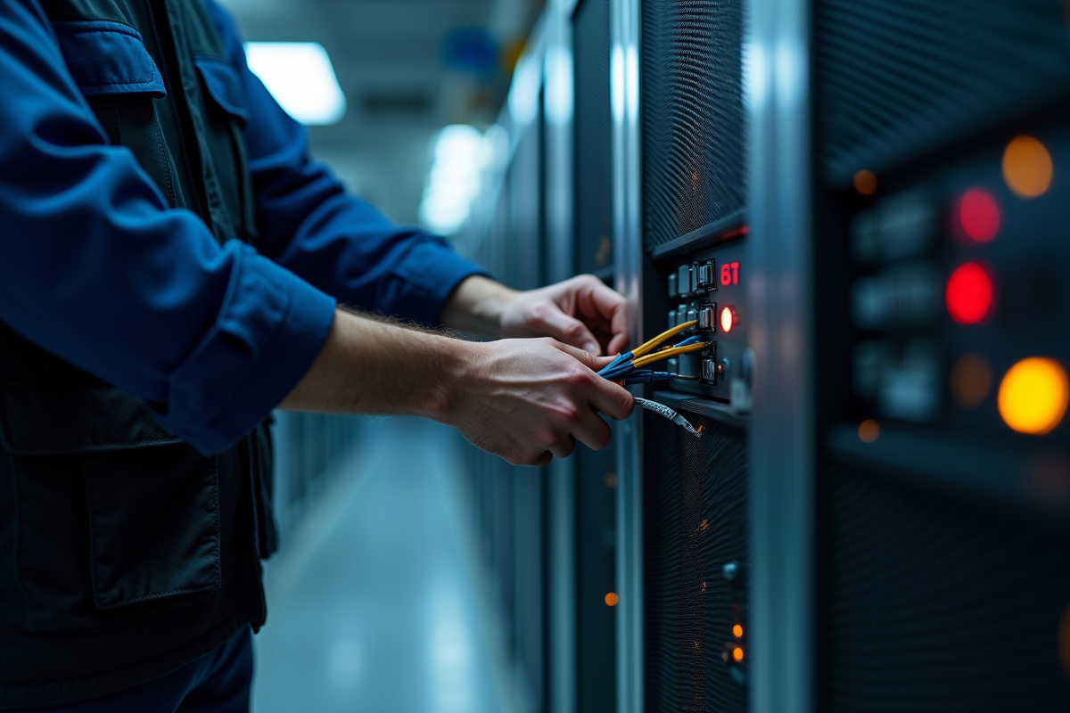Technicien connectant des câbles à un serveur dans un centre de données