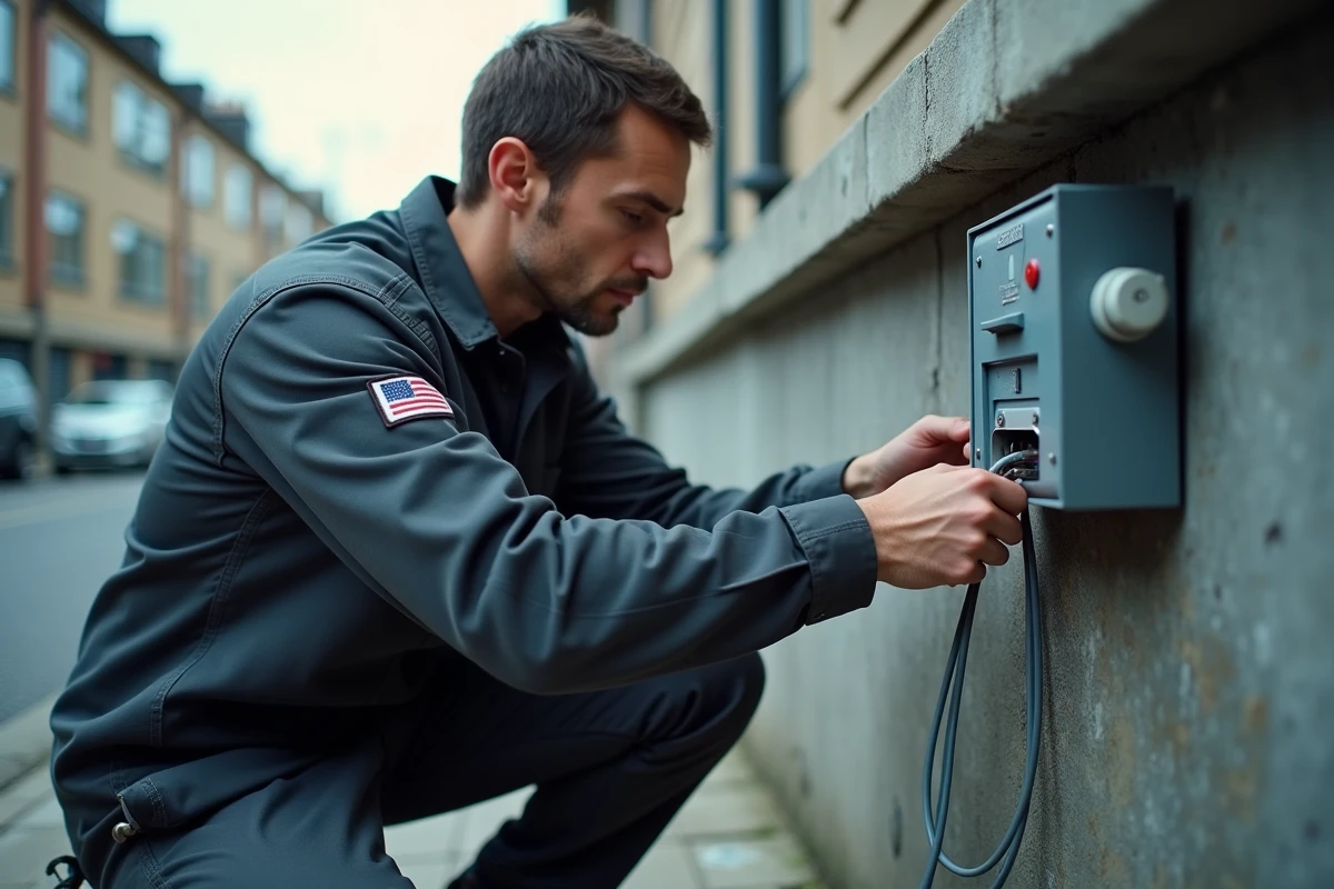 Technicien SFR inspectant un boîtier de connexion fibre optique en extérieur dans une rue résidentielle