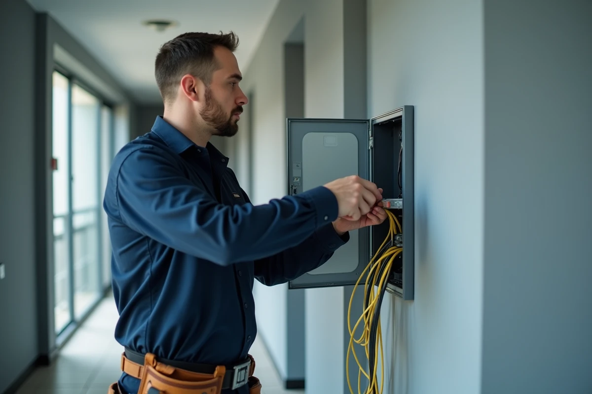 Technicien SFR installant des câbles fibre optique dans un tableau de télécommunications en immeuble résidentiel