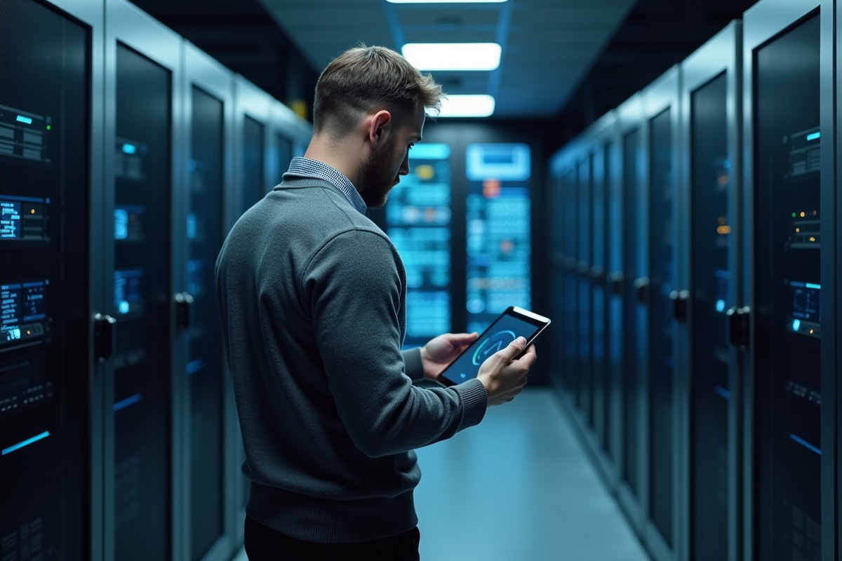 Technicien informatique dans une salle serveurs moderne