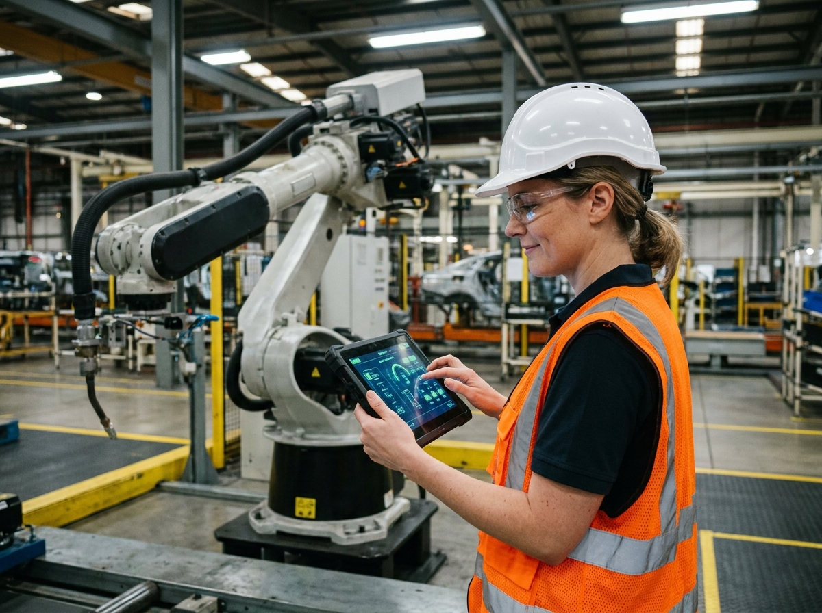 Technicienne en usine automobile contrôlant un bras robotique industriel via une interface tactile sur tablette