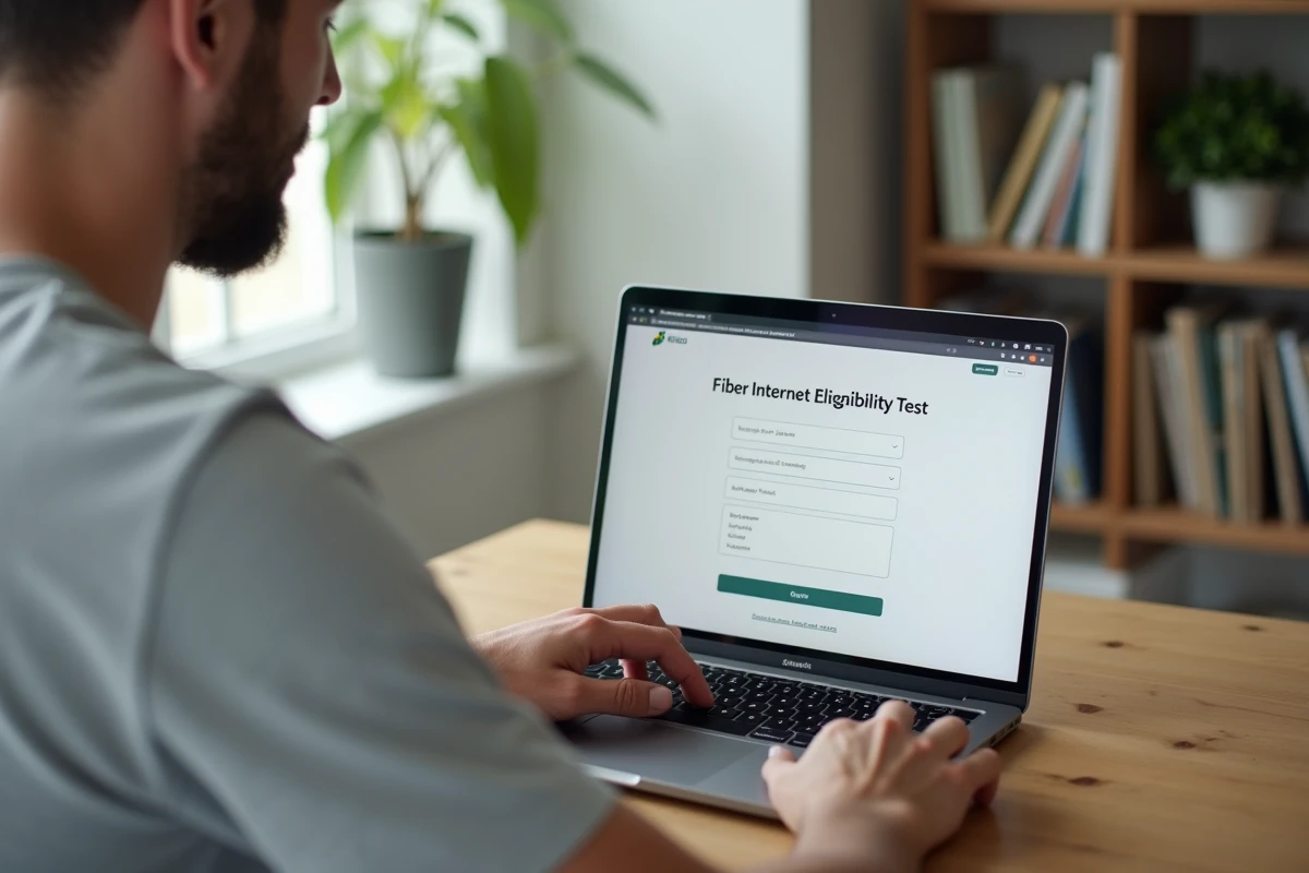 Homme effectuant un test d'éligibilité fibre SFR sur son ordinateur portable à domicile