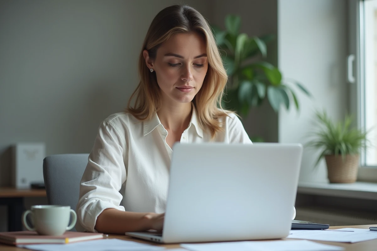 Femme consultant les résultats d'un test d'éligibilité SFR sur son ordinateur portable dans un bureau à domicile