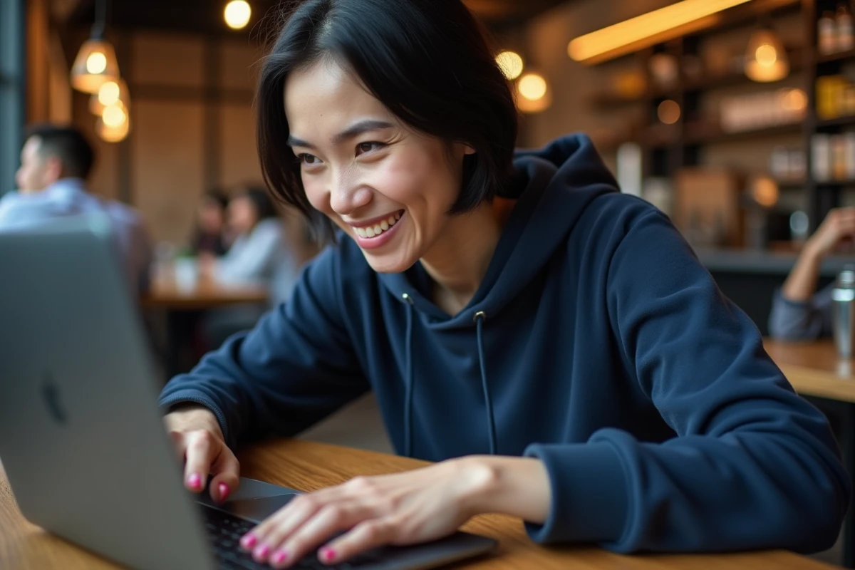 Femme concentrée effectuant un test de réactivité sur la barre espace de son ordinateur portable dans un café moderne