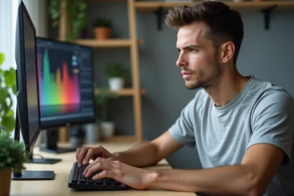 Jeune homme testant sa vitesse de frappe sur la barre espace d'un clavier mécanique dans un bureau minimaliste