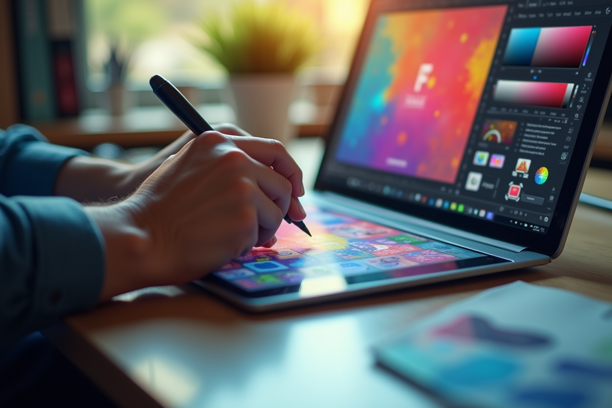 Mains utilisant une tablette pour peaufiner une affiche colorée