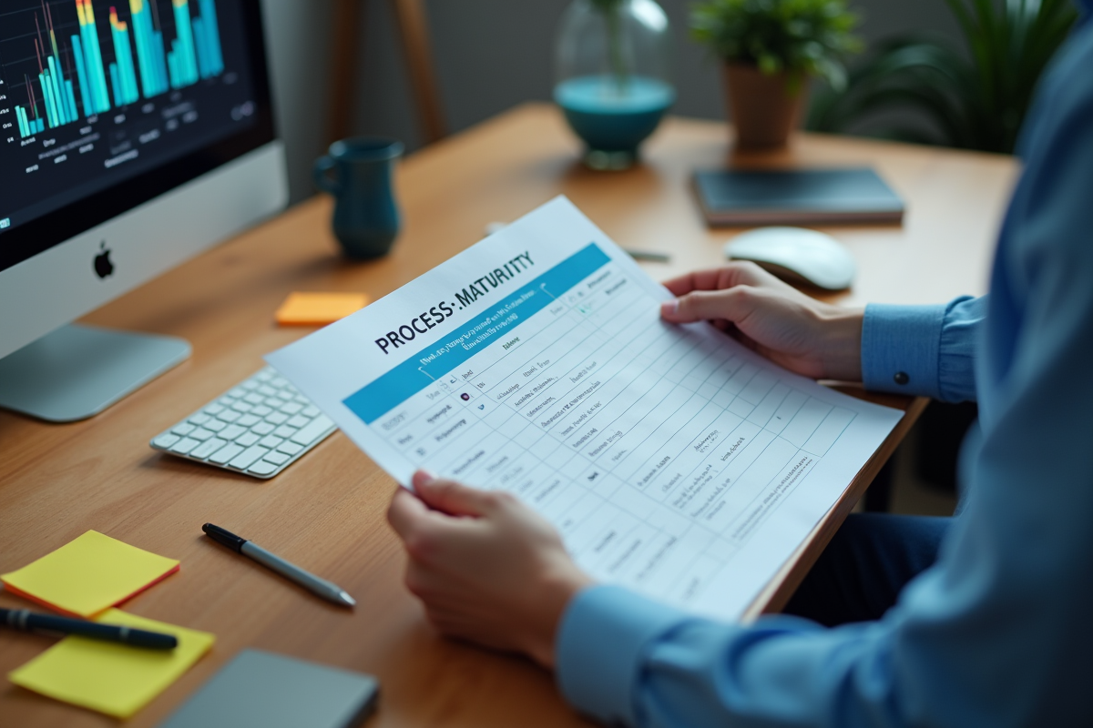 Mains tenant une checklist d’évaluation de maturite avec ordinateur en fond