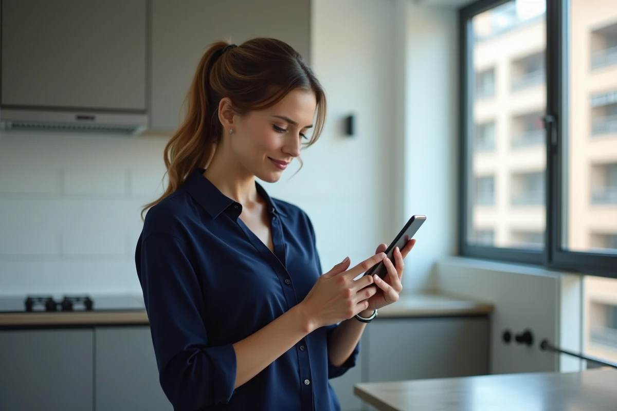 Femme vérifiant l'éligibilité fibre optique SFR depuis son smartphone dans une cuisine moderne