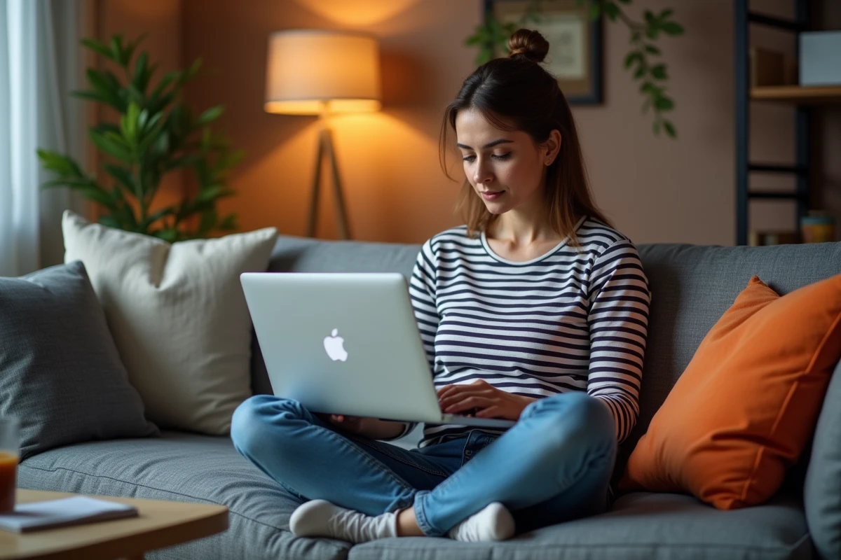 Femme vérifiant les incidents réseau Orange sur son ordinateur portable avant de démonter son installation, assise dans son salon