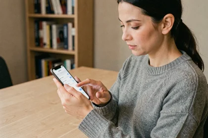 Femme tenant un smartphone Samsung et naviguant dans les paramètres pour vider la corbeille sans perdre ses photos