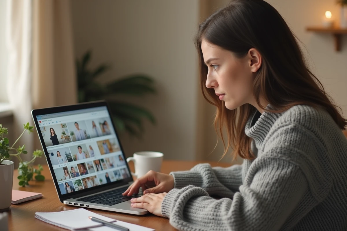 Jeune femme parcourant un profil Instagram sur un ordinateur portable sans être connectée à un compte, dans un bureau à domicile cosy
