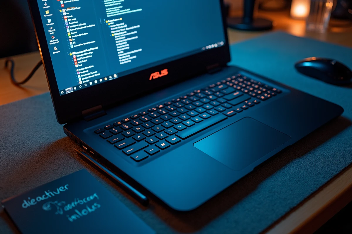 Vue aérienne d'un laptop ASUS TUF avec le panneau Services Windows ouvert pour désactiver les processus Armory Crate superflus