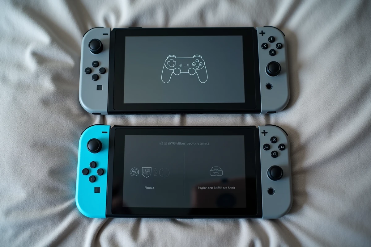 Vue de dessus de deux manettes Joy-Con Nintendo Switch avec le bouton de synchronisation visible et la console affichant le menu de couplage